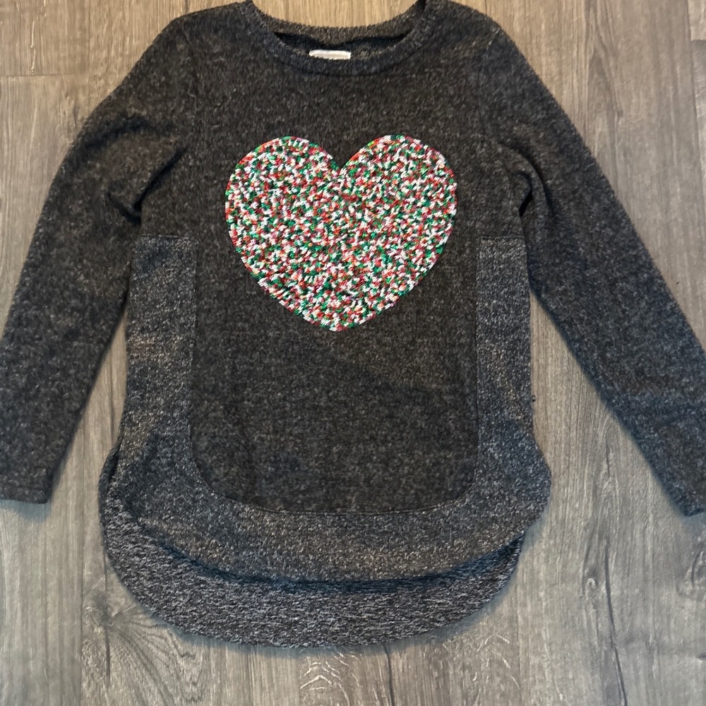 Girls‎ M 10 12 Gray Long Sleeve Christmas Heart Sequin Sparkle Sweater Top